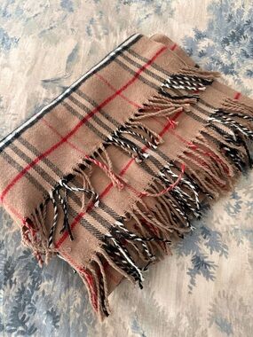 Burberry Classic Check Camel Plaid Fringe Scarf with Red and Black Accents